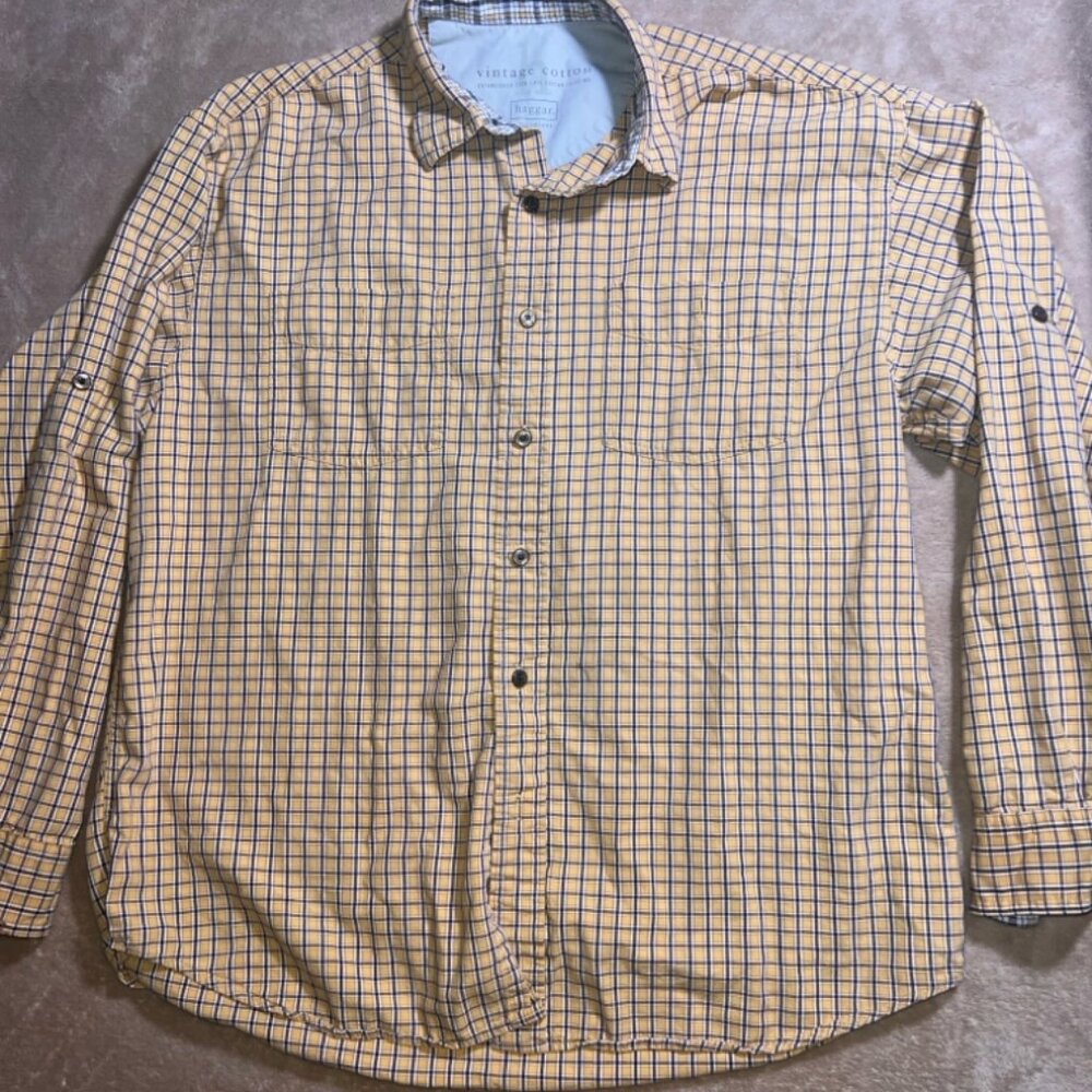 Haggar Men Large Mustard Brown Plaid Button Down Long Sleeve Cotton Vtg‎ Shirt
